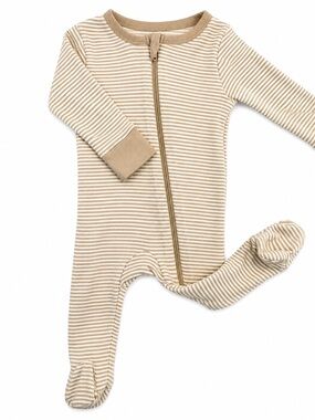 Organic Cotton Beige and White Striped Zip-Front Footie